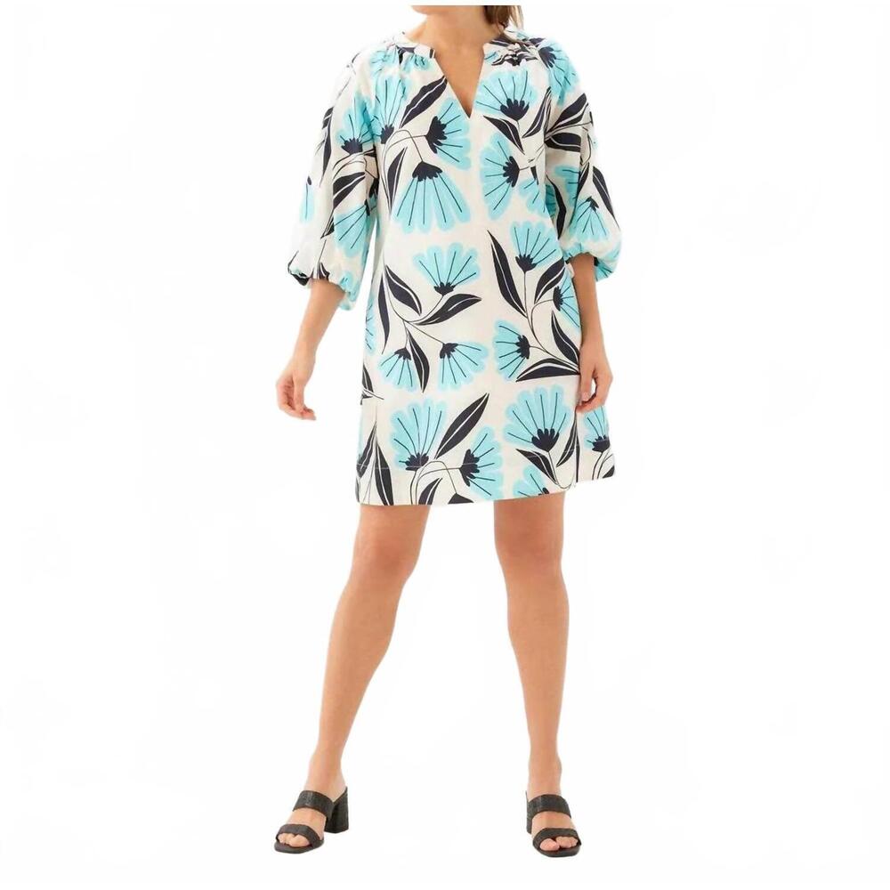 NEW KAREN KANE puff sleeve peasant dress - petite in aqua bloom print